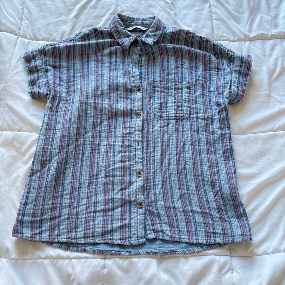 Sonoma Goods For Life Womens Small Blue Red Striped 100% Cotton Shirt Beachy